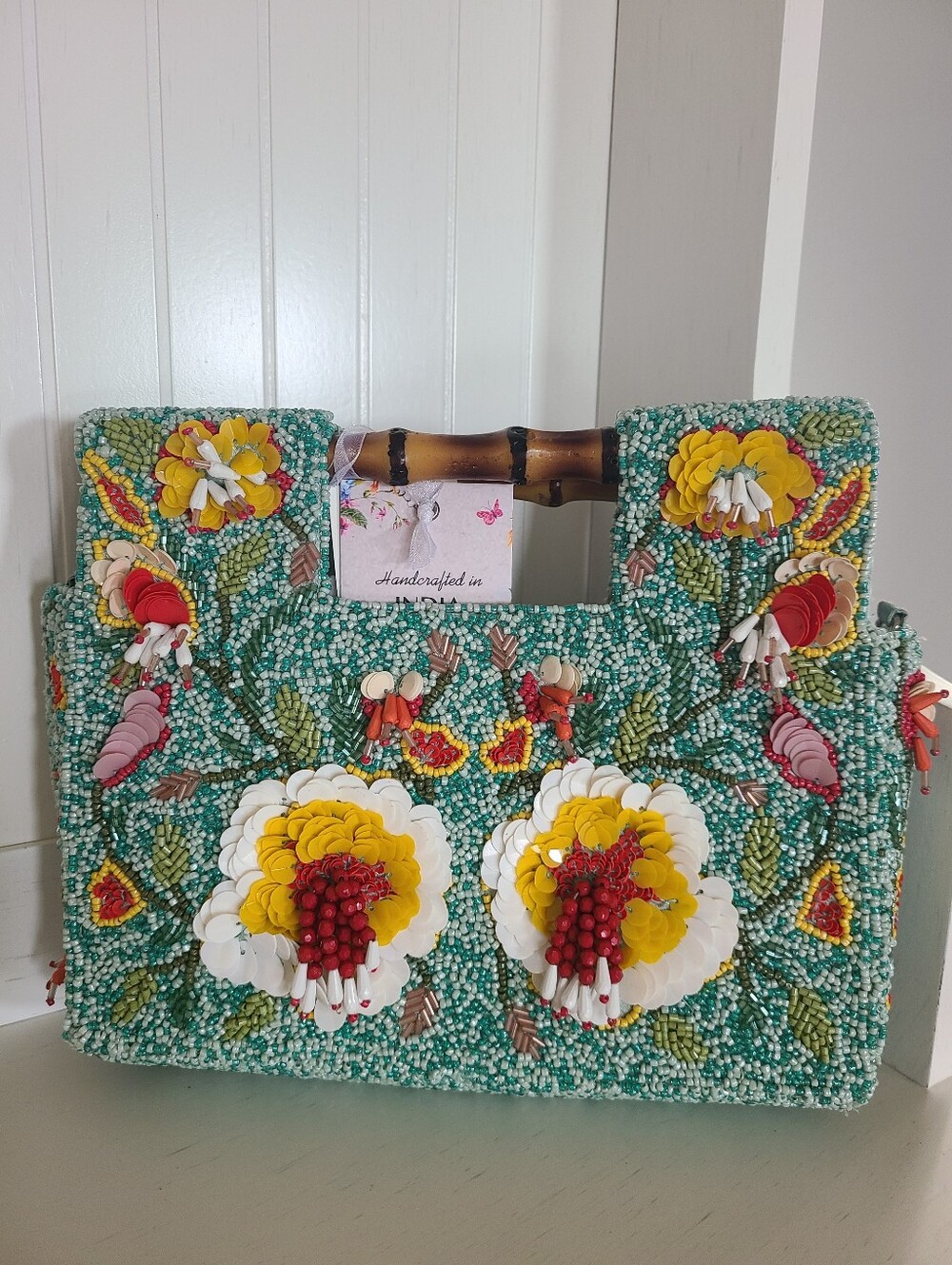 TikTok Viral Handcrafted In India Bamboo Handle Flowered Beaded Bag
